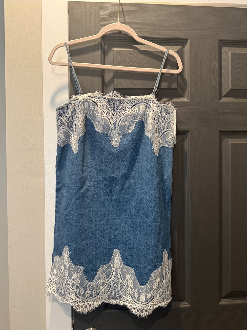 Lace-Trim Denim Slip Dress in Blue